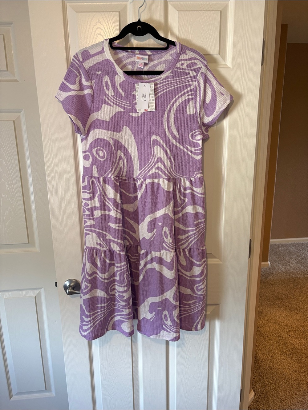 LuLaRoe Ariel Lavender & White Abstract Tiered Dress